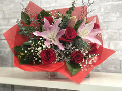 B29 - Half Dozen Roses with Pink Lily Bouquet